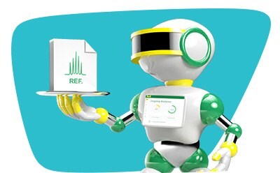 A 3D-rendered robot with a white body, yellow arms, and green accents is holding a tray in its left hand. On the tray, there is a bar graph with the label “R.E.F.” The robot also has a screen on its chest displaying three green battery icons and two curved lines resembling a Wi-Fi signal. The background is green with a slight gradient effect.
