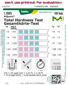 Total Hardness Test colorimetric, water hardness 3-21&#160;°d, water hardness 4-26&#160;°e, water hardness 5-37&#160;°f, MQuant&#174;